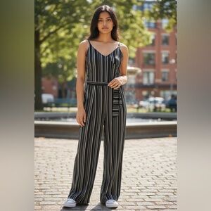 Just Be Black and White Striped Jumpsuit with Wide-Leg